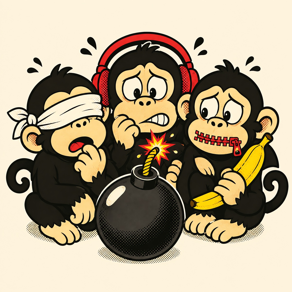 Sticker-style artwork: three cartoon monkeys โ blindfolded, headphoned and zipper-mouthed โ huddle around a cartoon bomb with a lit fuse