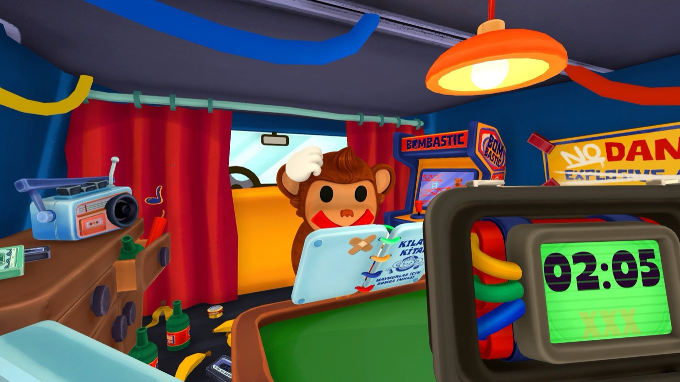 Inside the BOMBANANA! van during a defusal: a monkey holds the bomb module while the timer shows 02:05